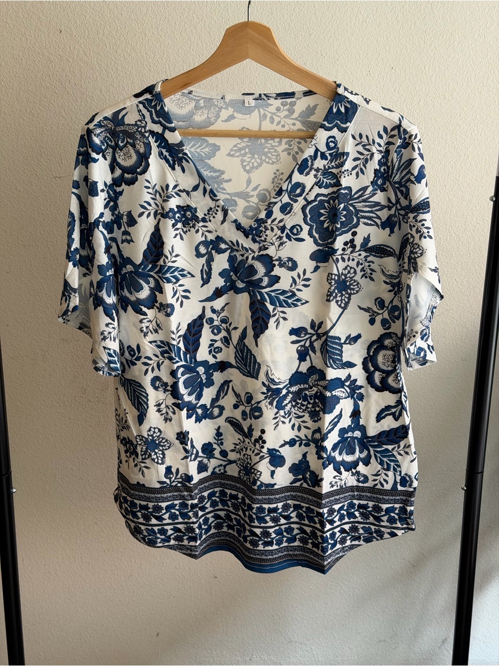 V-Neck Floral Border Print Women’s Top in Blue and White